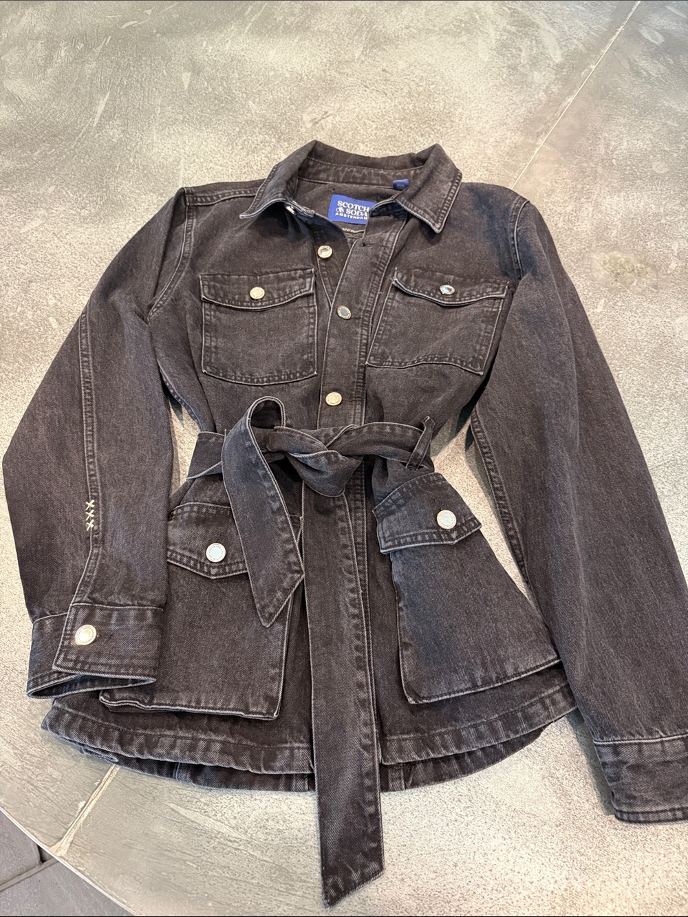 Scotch & Soda Black Washed Denim Belted Jacket